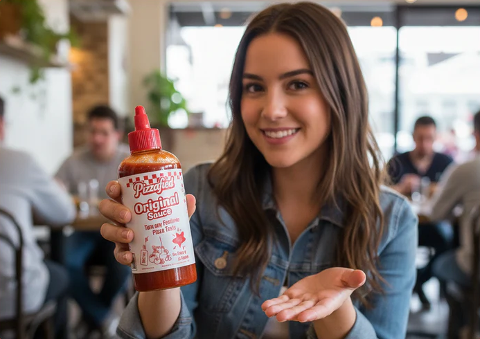 Žena drží láhev omáčky.